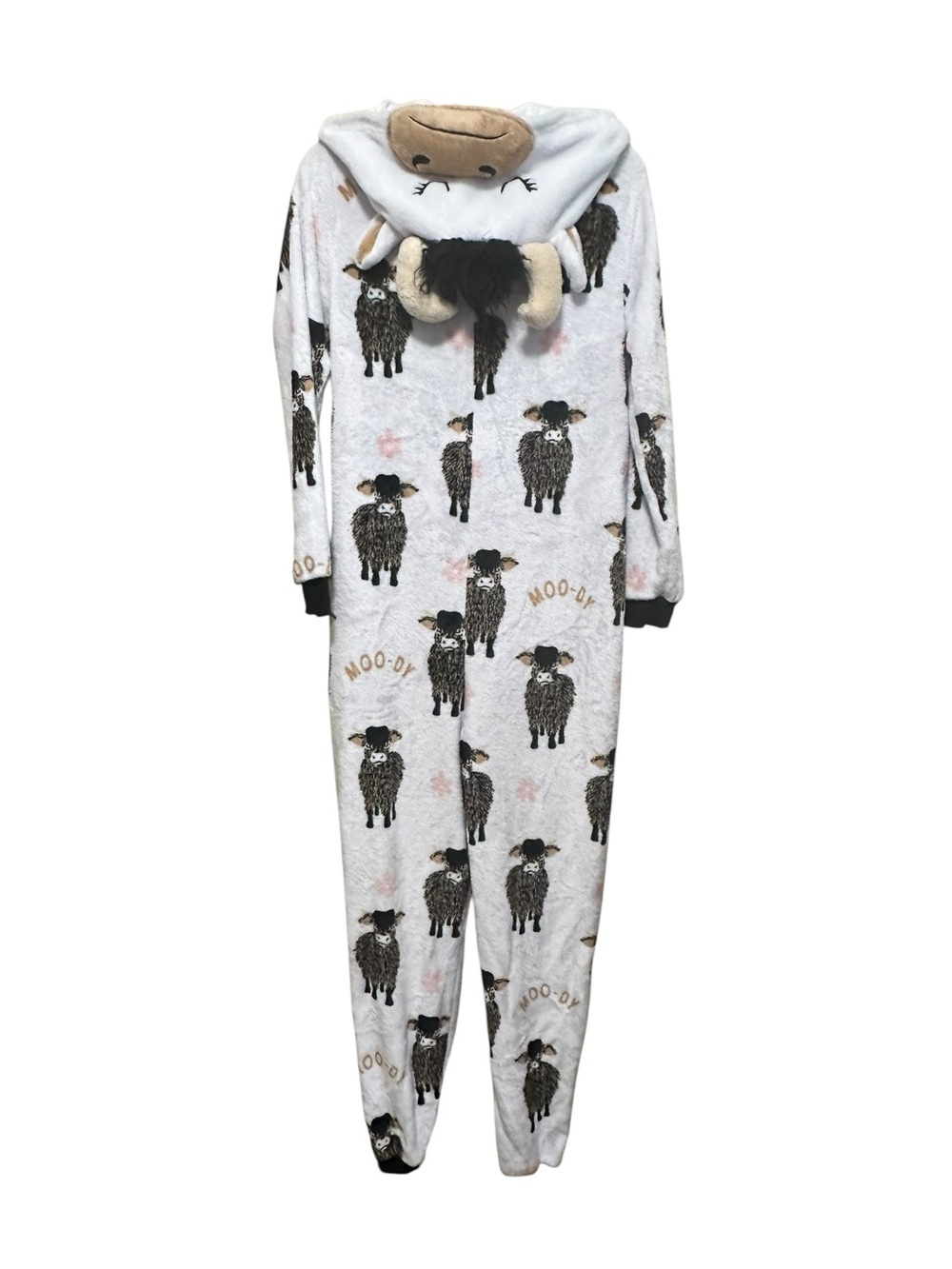 Holiday Time. White Hooded Fleece Onesie with Black Cow Print - Picture 7 of 8